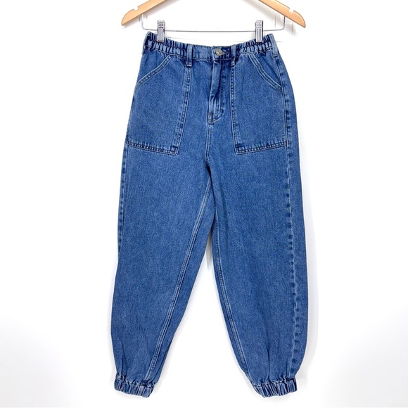 BDG Urban Outfitters High Waisted Pull On Cropped Jogger Style Baggy Blue Jeans - Picture 1 of 15